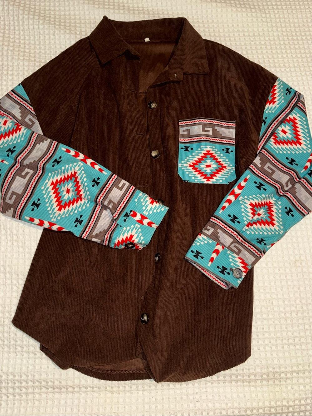 2/$10 - Brown Corduroy jacket with Turquoise Aztec Sleeves